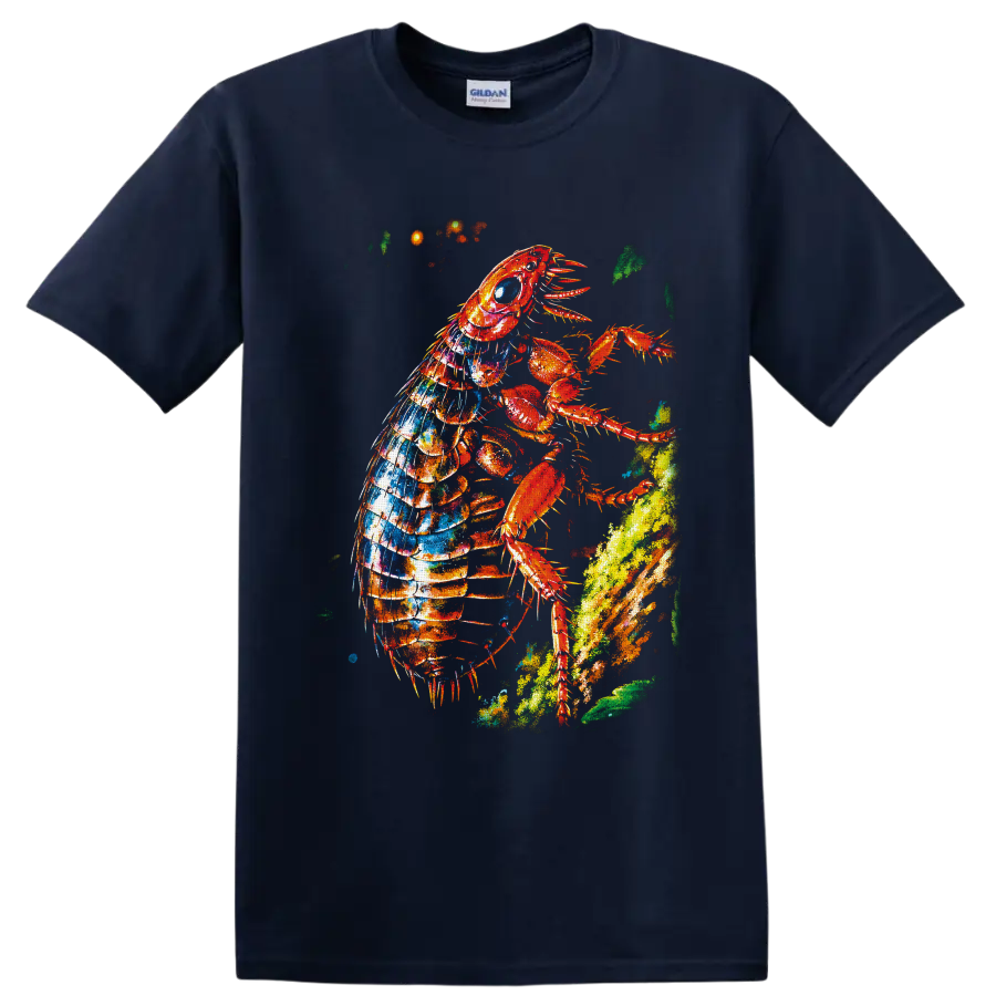 Colorful paint-splatter lobster climbing a bright ocean reef on a Navy (Blue) T Shirt