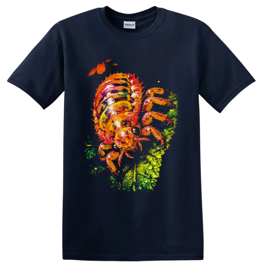 Colorful orange spiny insect on a dew-covered green leaf in vivid macro nature art on a Navy (Blue) T Shirt