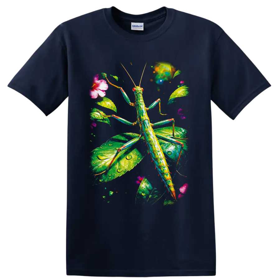 Colorful stick insect in luminous rainforest leaves with pink tropical flowers on a Navy (Blue) T Shirt