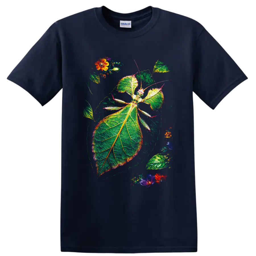 Leaf insect botanical illustration with veined green foliage and colorful flowers on a Navy (Blue) T Shirt