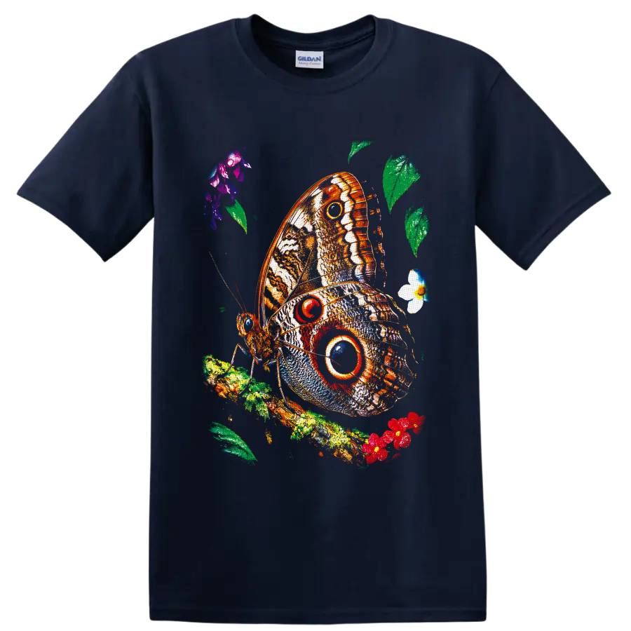 Colorful owl butterfly with bold eyespots on a leafy flowering branch on a Navy (Blue) T Shirt