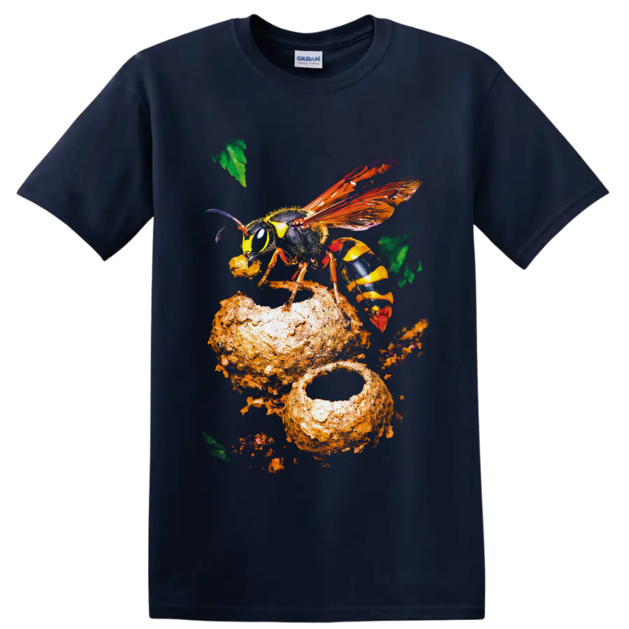 Colorful close-up wasp with orange wings on textured honeycomb-inspired nature art on a Navy (Blue) T Shirt