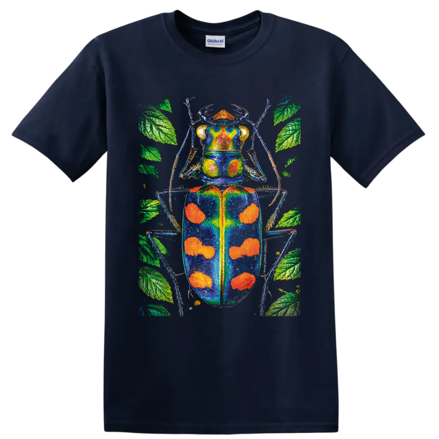 Vibrant blue and orange beetle illustration surrounded by green botanical leaves on a Navy (Blue) T Shirt