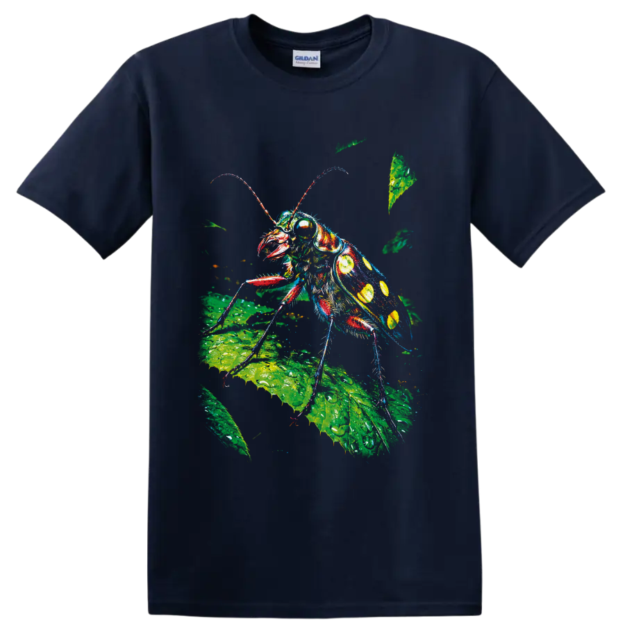 Colorful cockroach illustration on green botanical leaves in paint-splashed nature art on a Navy (Blue) T Shirt