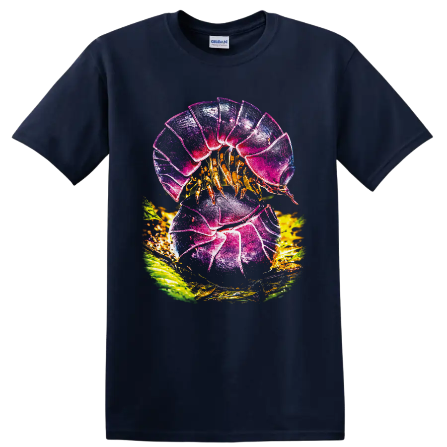 Colorful hermit crab with jewel-toned shell, golden legs, and tropical leaves on a Navy (Blue) T Shirt