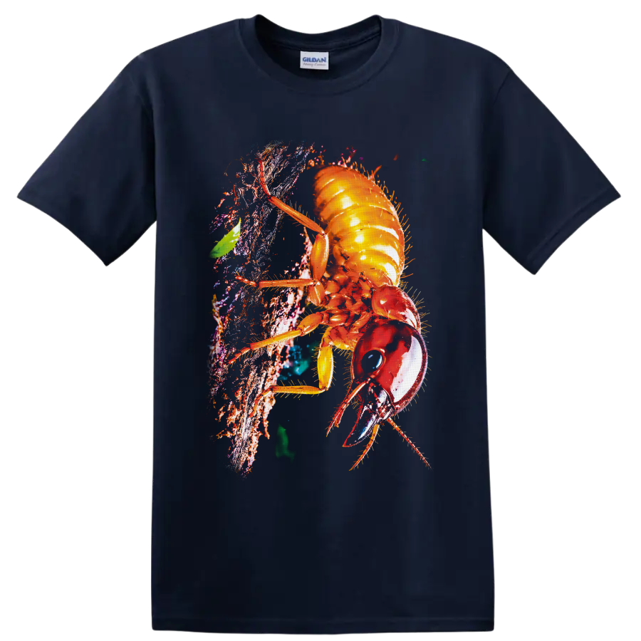 Colorful macro cockroach climbing textured bark in vivid nature art style on a Navy (Blue) T Shirt