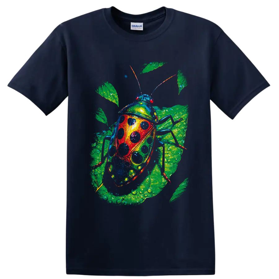 Colorful spotted beetle nature art with dew-covered tropical leaves on a Navy (Blue) T Shirt