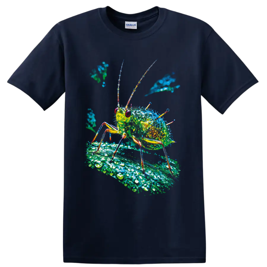 Colorful macro aphid illustration on a dew-covered leaf on a Navy (Blue) T Shirt