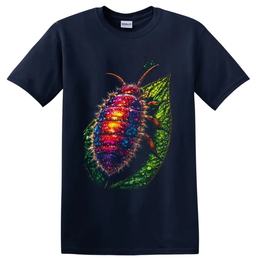 Colorful fuzzy caterpillar macro art with water droplets on a textured green leaf on a Navy (Blue) T Shirt