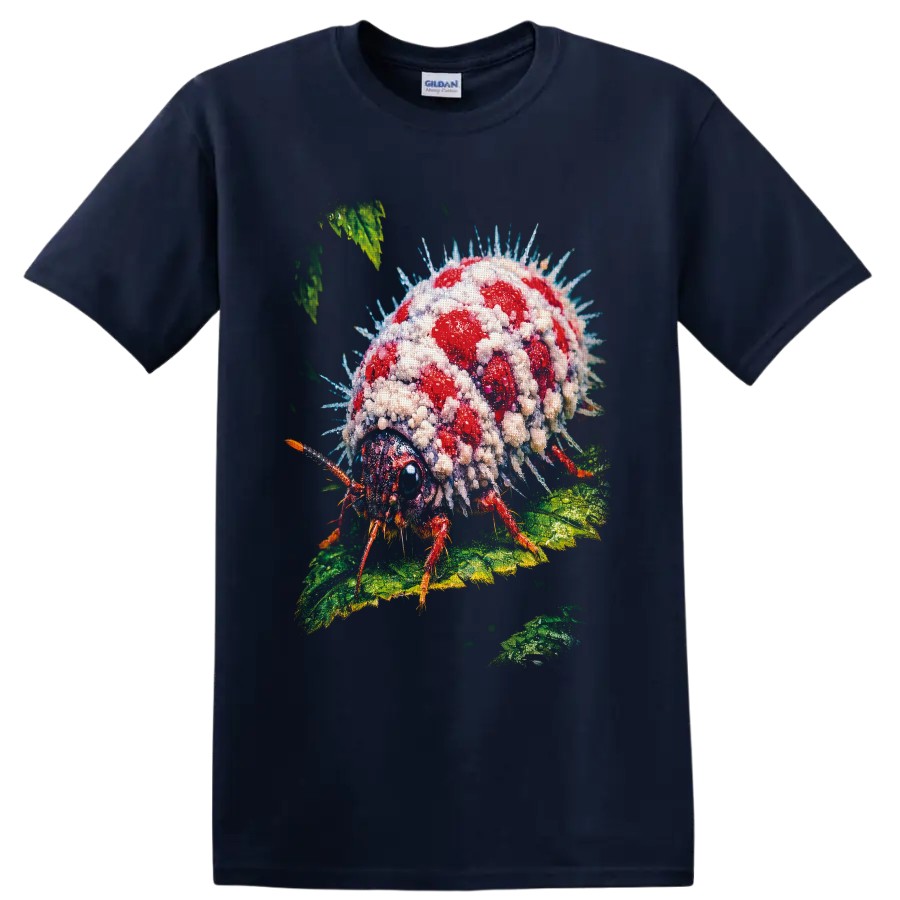 Surreal crystal-covered red ladybug with blue spines on textured green leaves on a Navy (Blue) T Shirt