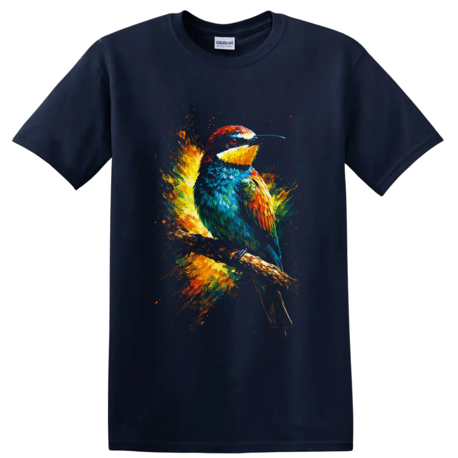 Colorful kingfisher perched on a branch in vibrant paint splash wildlife art on a Navy (Blue) T Shirt