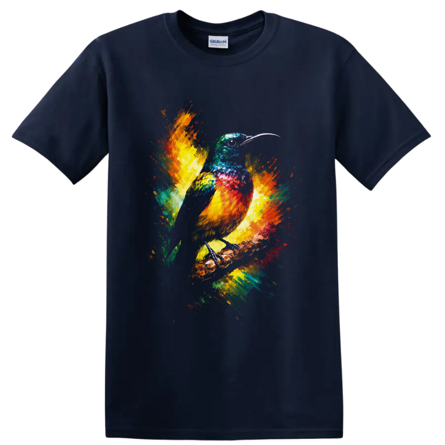 Colorful long-beaked bird on a branch with vibrant watercolor paint splashes on a Navy (Blue) T Shirt