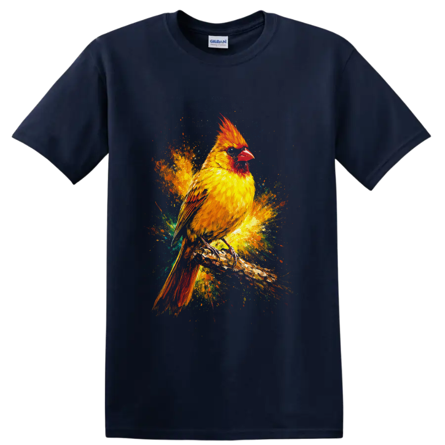 Cardinal bird on a branch in vivid multicolor paint splash wildlife art on a Navy (Blue) T Shirt