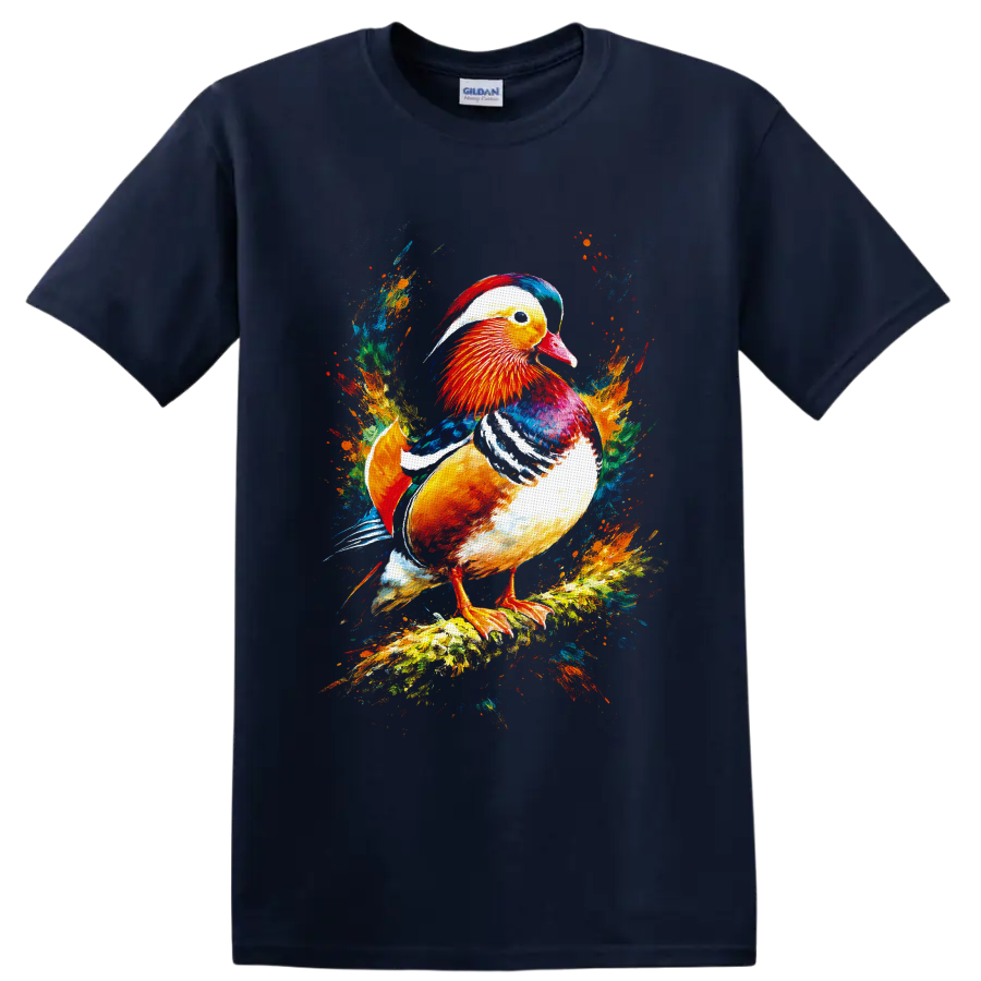 Mandarin duck in vivid painterly splash art on a branch on a Navy (Blue) T Shirt
