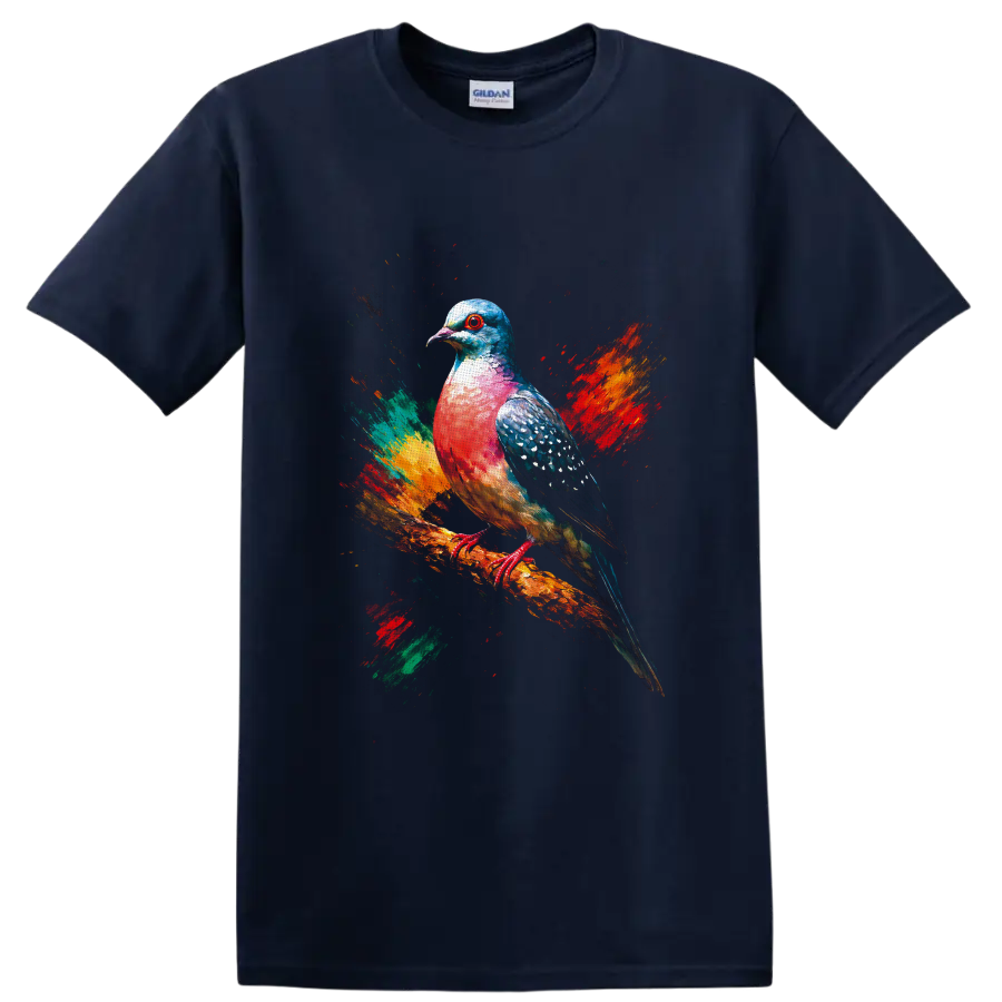 Colorful pigeon portrait on a branch with abstract paint splashes on a Navy (Blue) T Shirt