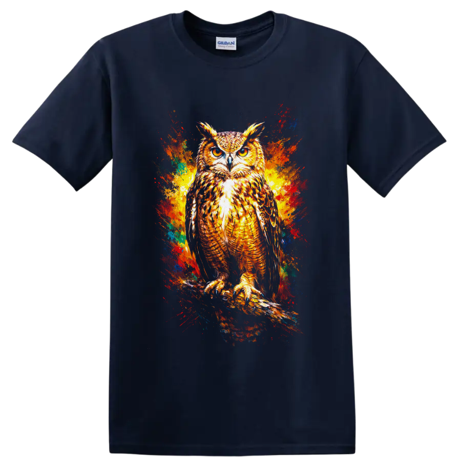 Golden-eyed owl illustration with colorful abstract paint splashes on a Navy (Blue) T Shirt