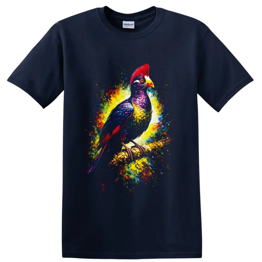 Colorful hornbill bird in vibrant painterly splashes perched on a branch on a Navy (Blue) T Shirt