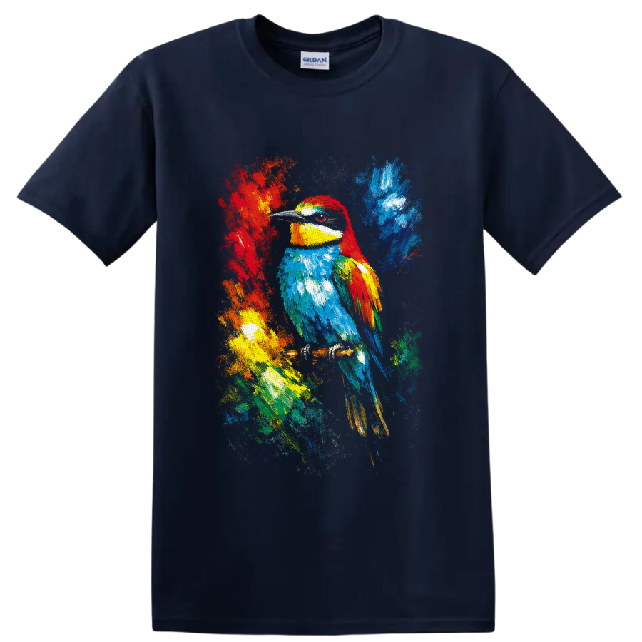 Colorful tropical bird portrait with abstract paint splashes and textured brushstrokes on a Navy (Blue) T Shirt