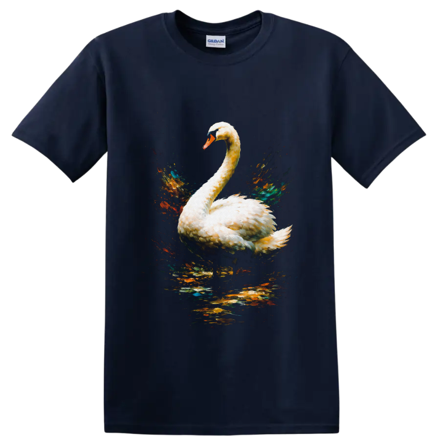 Mute swan with colorful watercolor splashes and reflective water on a Navy (Blue) T Shirt