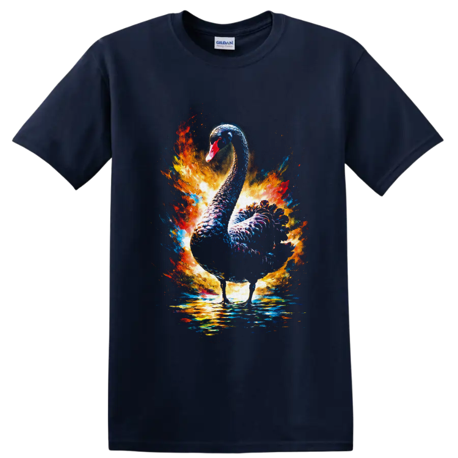 Black swan with vivid blue, orange, and gold paint splashes over reflective water on a Navy (Blue) T Shirt