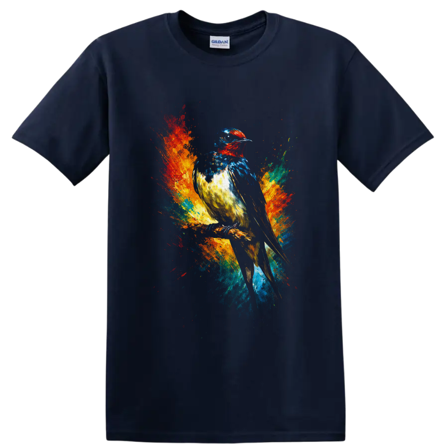 Colorful perched songbird in expressive paint splashes and textured brushstrokes on a Navy (Blue) T Shirt