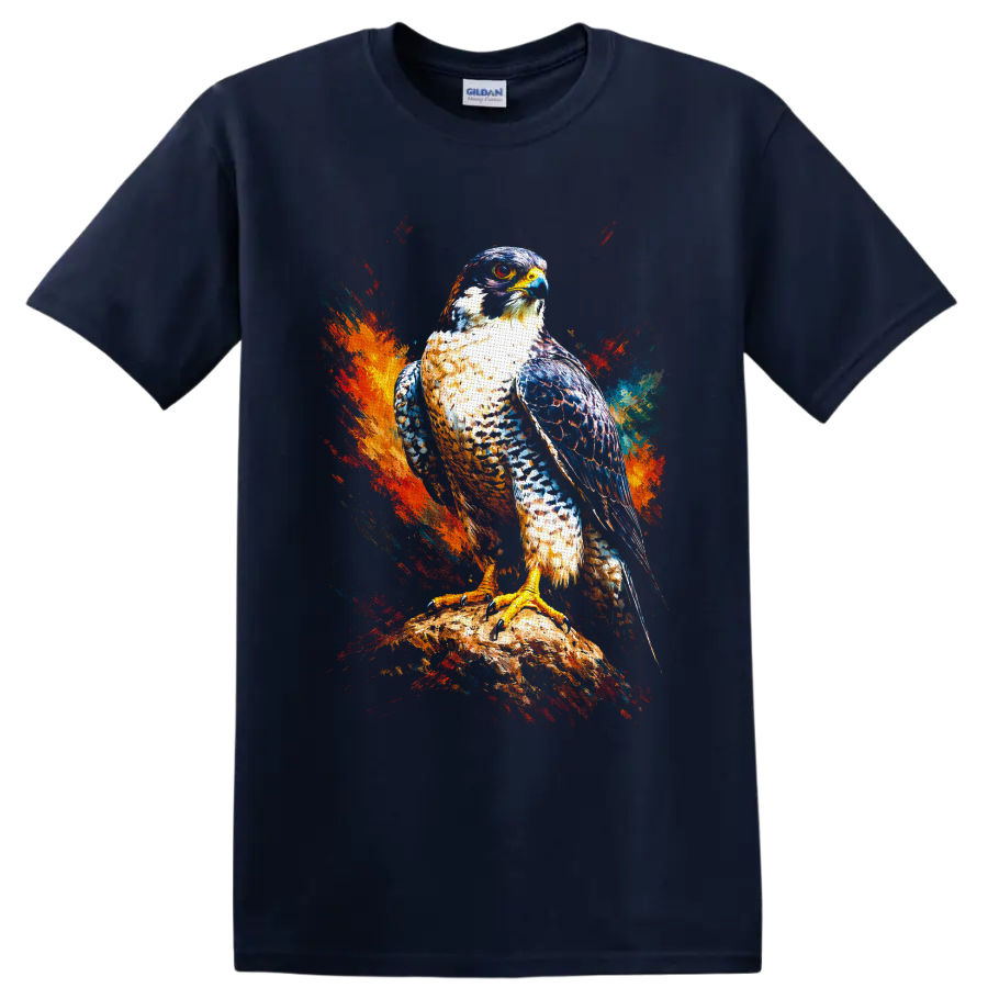 Peregrine falcon perched on a rock with vivid abstract paint splashes on a Navy (Blue) T Shirt