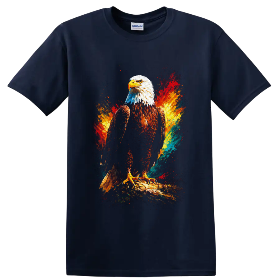 Painterly bald eagle on a branch with vivid red, gold, blue, and teal color splashes on a Navy (Blue) T Shirt