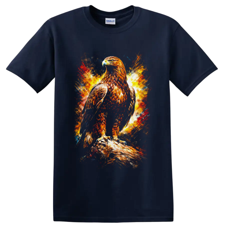 Fiery paint-splash bald eagle perched on a branch wildlife graphic on a Navy (Blue) T Shirt