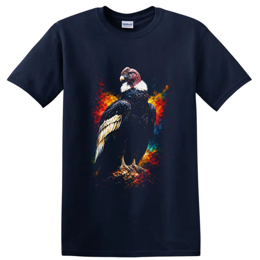 Colorful painterly vulture bird of prey perched amid vivid paint splashes on a Navy (Blue) T Shirt