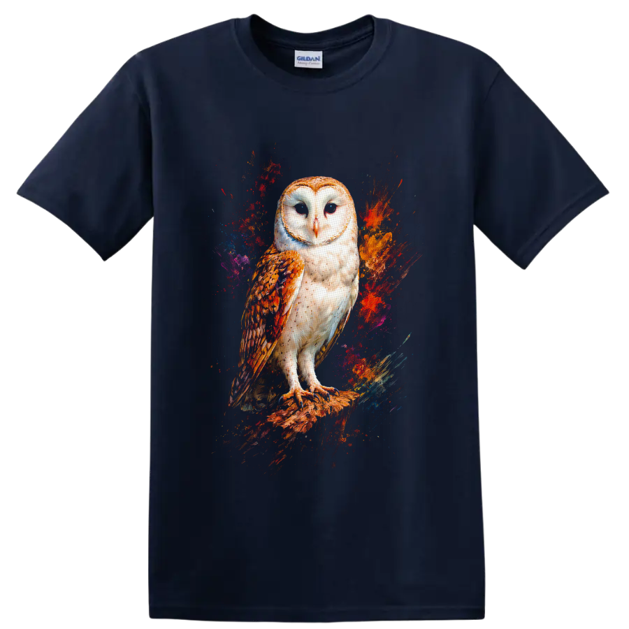 Barn owl perched on a branch with vivid abstract paint splashes on a Navy (Blue) T Shirt