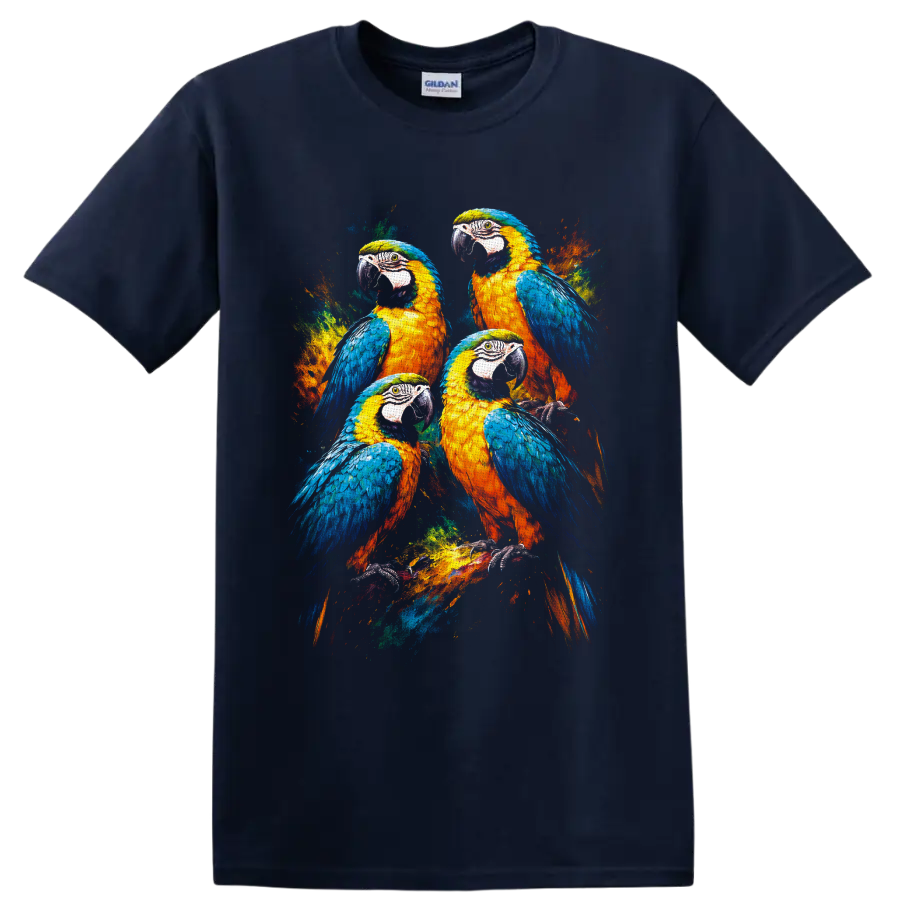 Four blue-and-yellow macaws in a vibrant paint-splash wildlife illustration on a Navy (Blue) T Shirt