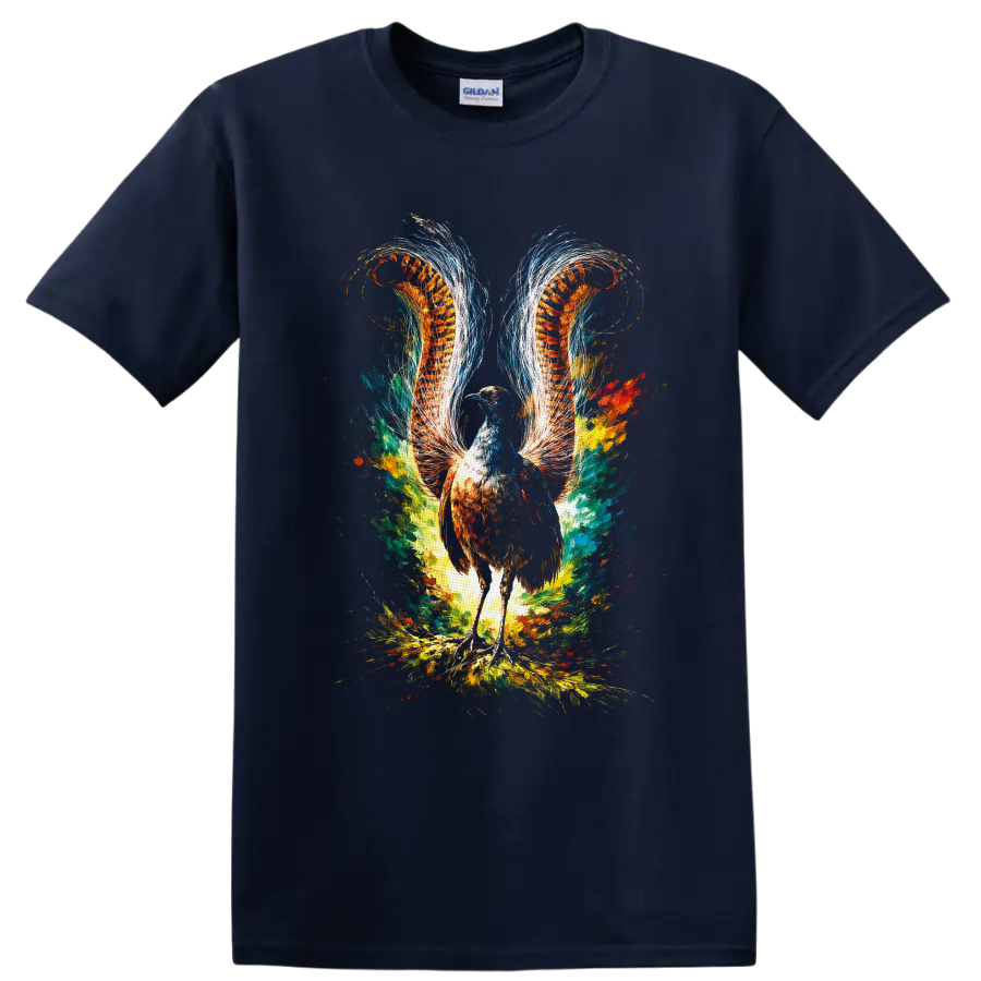 Colorful fantasy pheasant with fiery feather wings and abstract paint splashes on a Navy (Blue) T Shirt