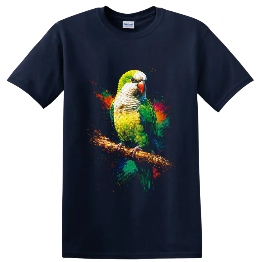Monk parakeet portrait on branch with vibrant abstract paint splashes on a Navy (Blue) T Shirt