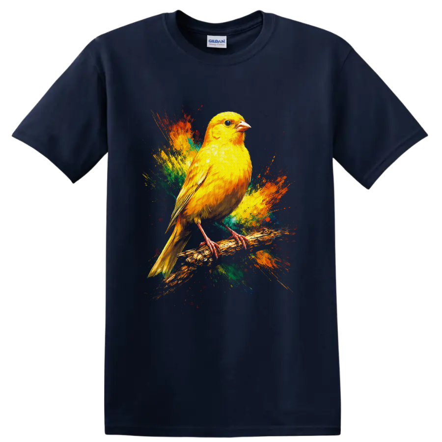 Yellow canary perched on a branch with colorful paint splash art on a Navy (Blue) T Shirt