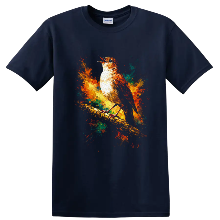 Perched songbird on a branch with colorful watercolor paint splashes on a Navy (Blue) T Shirt