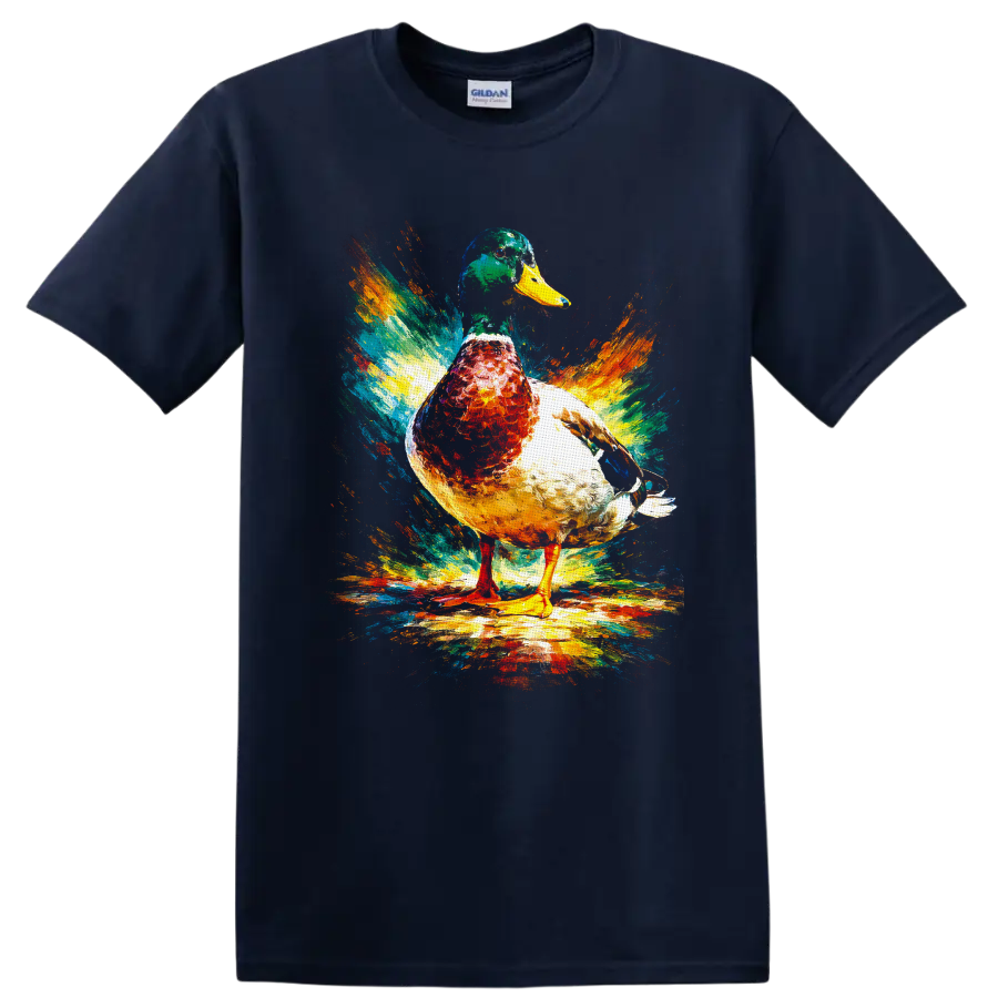 Painterly mallard duck with vibrant abstract color splash brushstrokes on a Navy (Blue) T Shirt