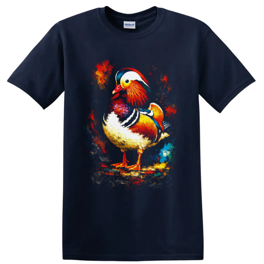 Painterly Mandarin duck with vivid red, gold, teal, and blue abstract splashes on a Navy (Blue) T Shirt