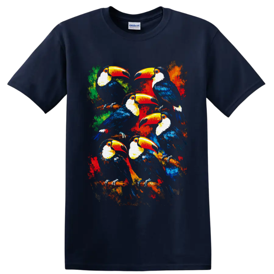 Painterly flock of six toucans on branches with vibrant tropical foliage on a Navy (Blue) T Shirt