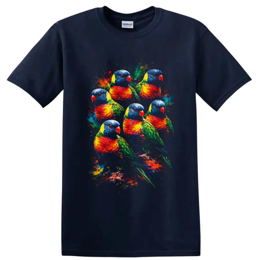 Six rainbow lorikeet parrots in colorful paint-splatter wildlife art on a Navy (Blue) T Shirt