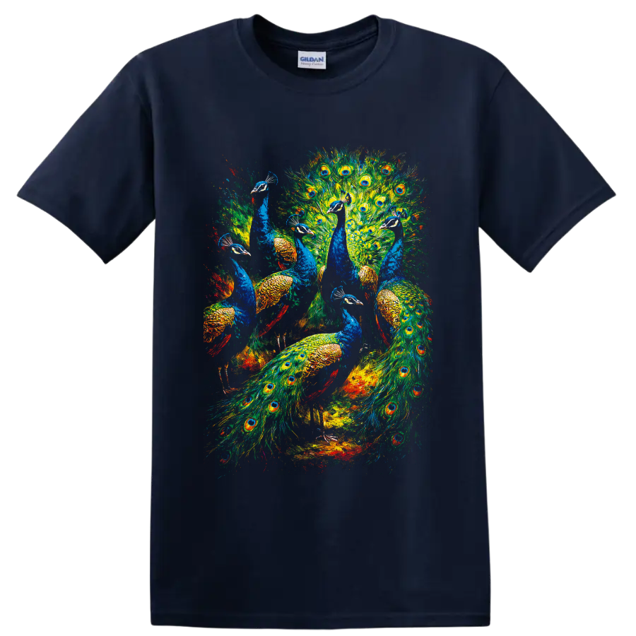 Colorful painterly peacock flock with blue birds and eye-spotted feather fans on a Navy (Blue) T Shirt
