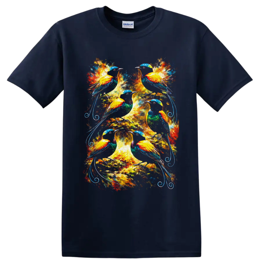 Six colorful birds in a radiant tree with painterly foliage and blue scrollwork on a Navy (Blue) T Shirt