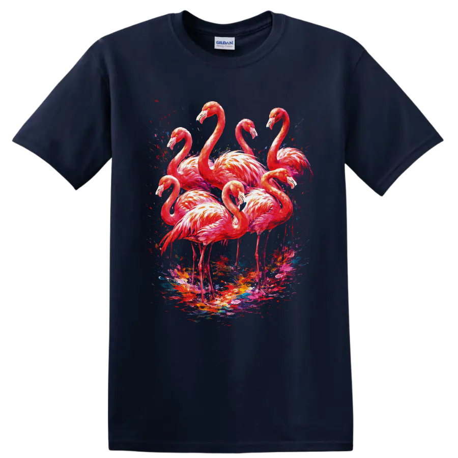 Painterly pink flamingo flock with vivid abstract tropical paint splashes on a Navy (Blue) T Shirt