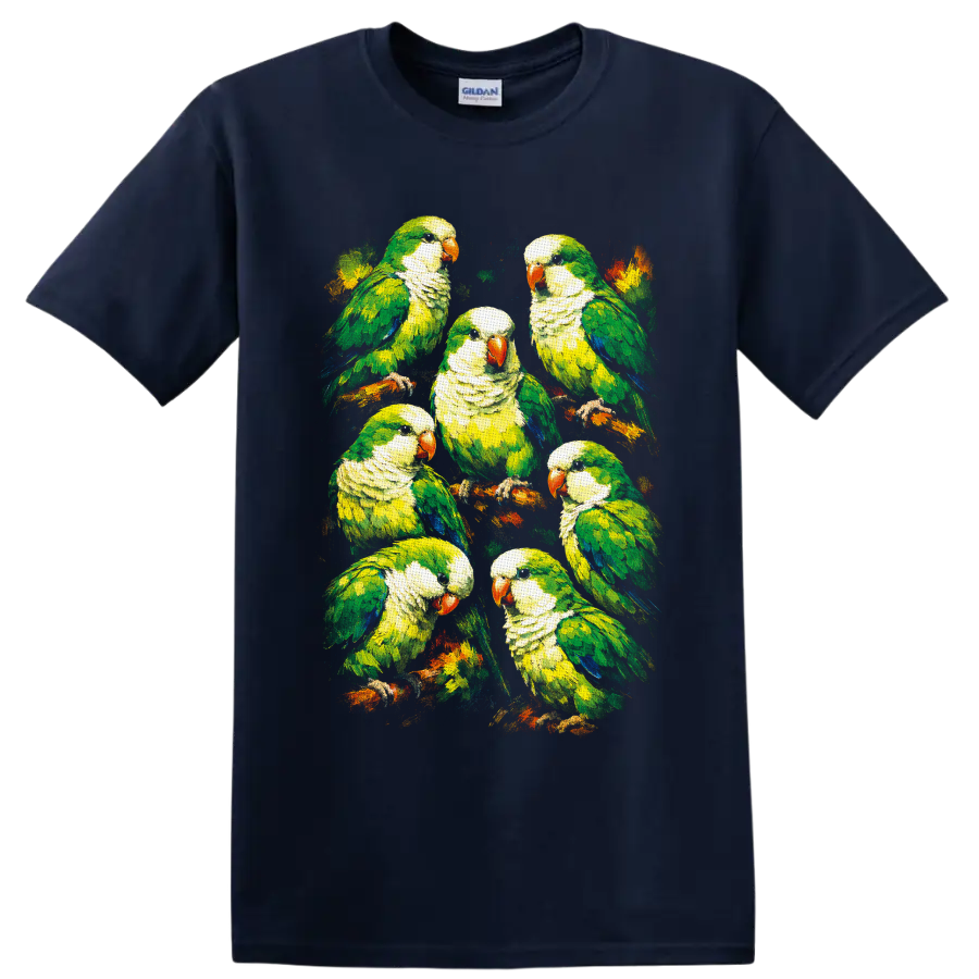 Painterly flock of seven green monk parakeets perched on colorful branches on a Navy (Blue) T Shirt
