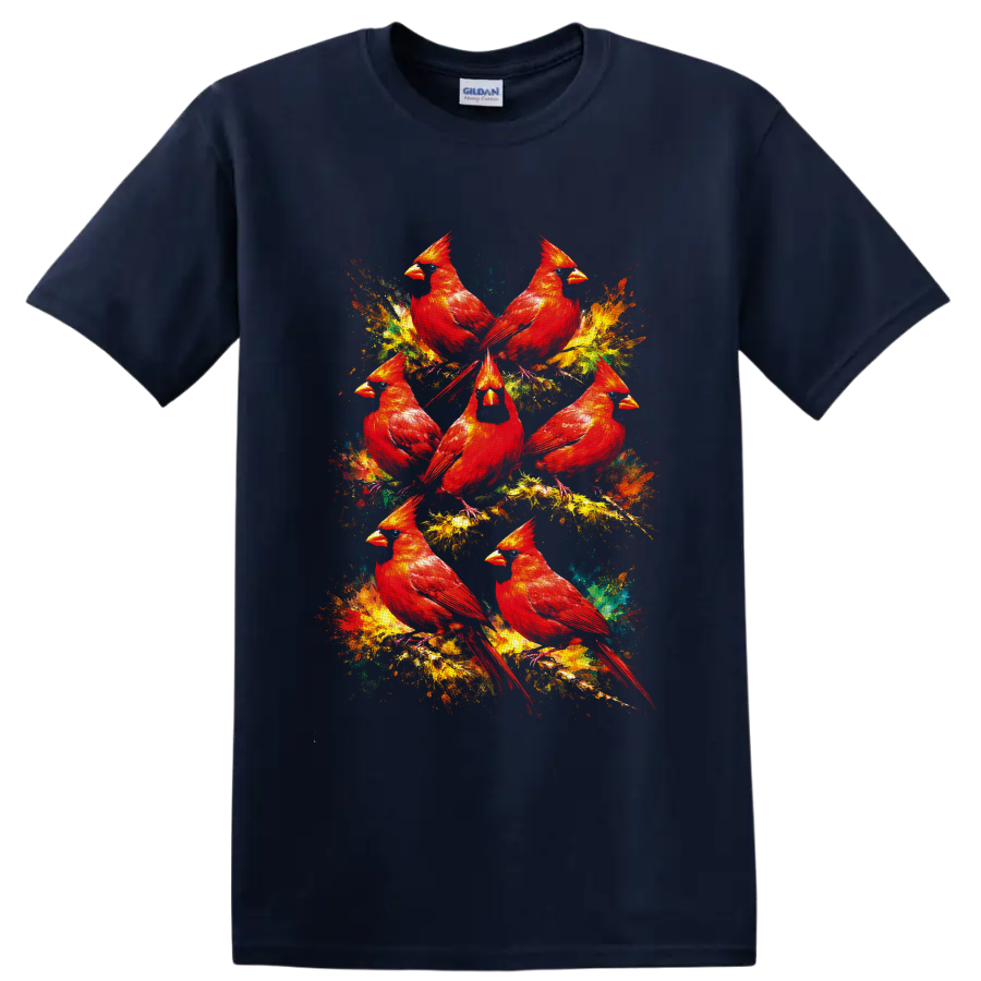 Seven red cardinals in colorful painterly wildlife art with abstract paint splashes on a Navy (Blue) T Shirt