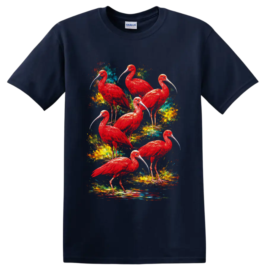 Seven scarlet ibis birds in colorful tropical watercolor splatter art on a Navy (Blue) T Shirt