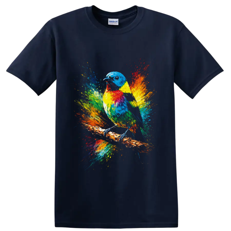 Colorful bird on a branch with vibrant rainbow paint splashes on a Navy (Blue) T Shirt