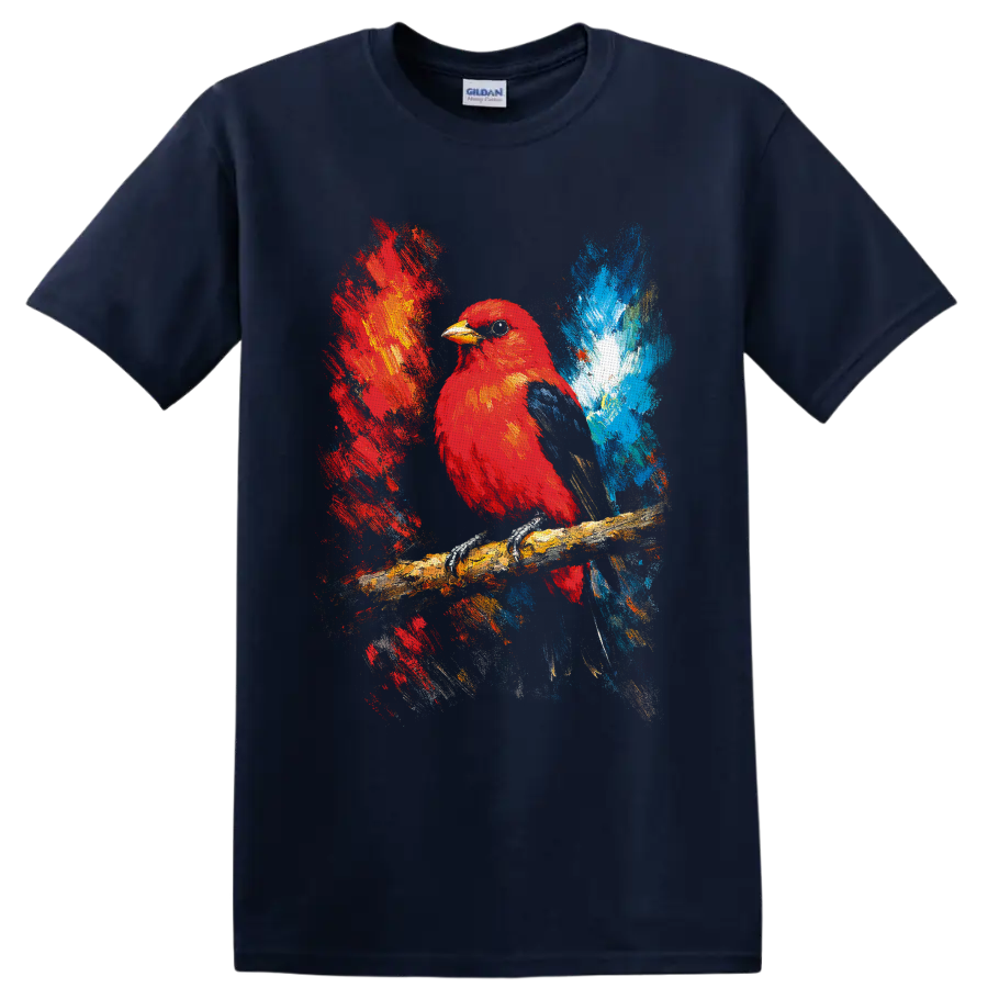 Red cardinal perched on a branch in colorful expressive painterly wildlife art on a Navy (Blue) T Shirt
