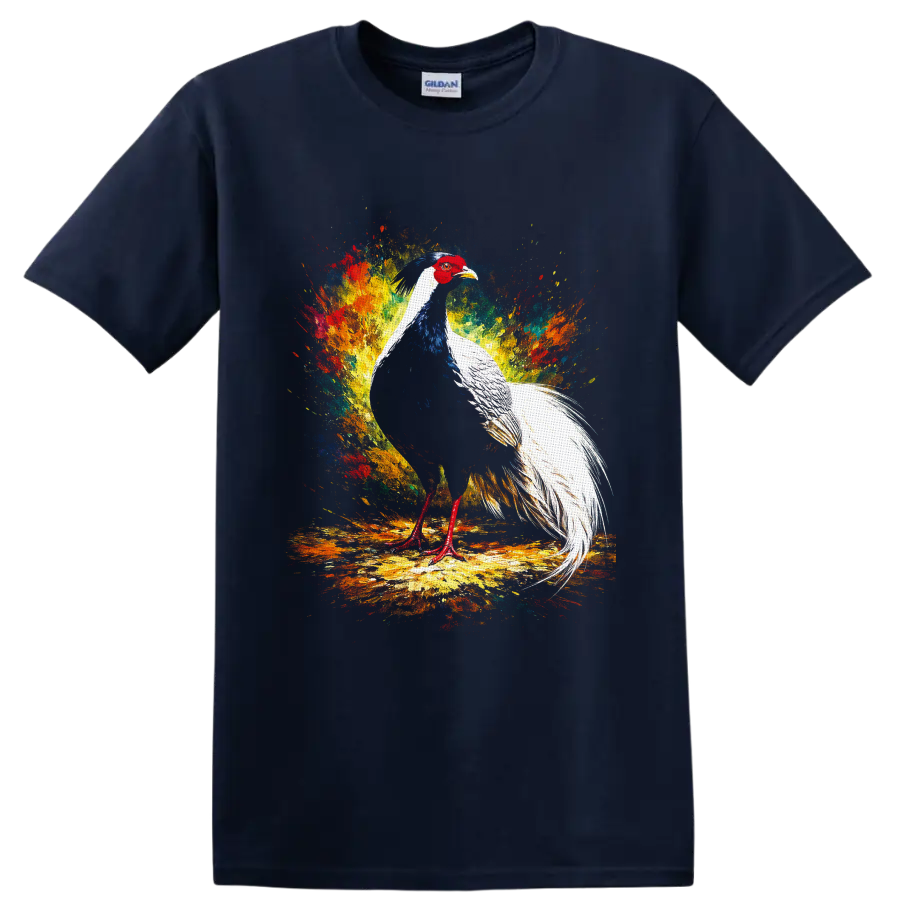 Silver pheasant with long white tail in colorful paint splash wildlife art on a Navy (Blue) T Shirt