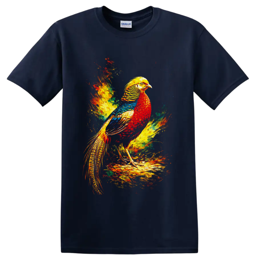 Colorful long-tailed bird in vibrant red, yellow, blue, and green paint splash art on a Navy (Blue) T Shirt