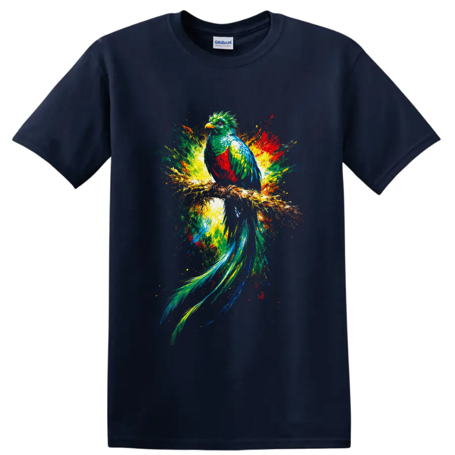 Colorful quetzal bird perched on a branch in vibrant tropical splash-art on a Navy (Blue) T Shirt